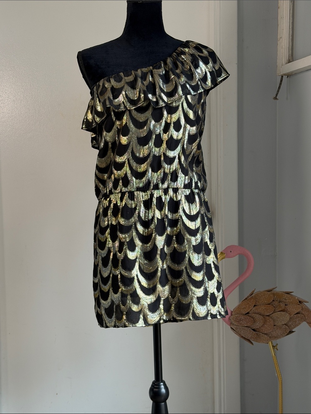 glam 100% Silk One-Shoulder Black and Gold scalloped Metallic Ruffle Dress